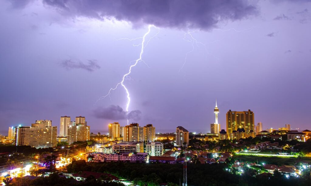lightning striking over pattaya thailand